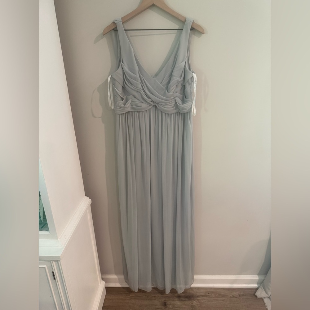David’s Bridal Ruffle Bridesmaid Dress with Scoop Neck Back in color Mystic